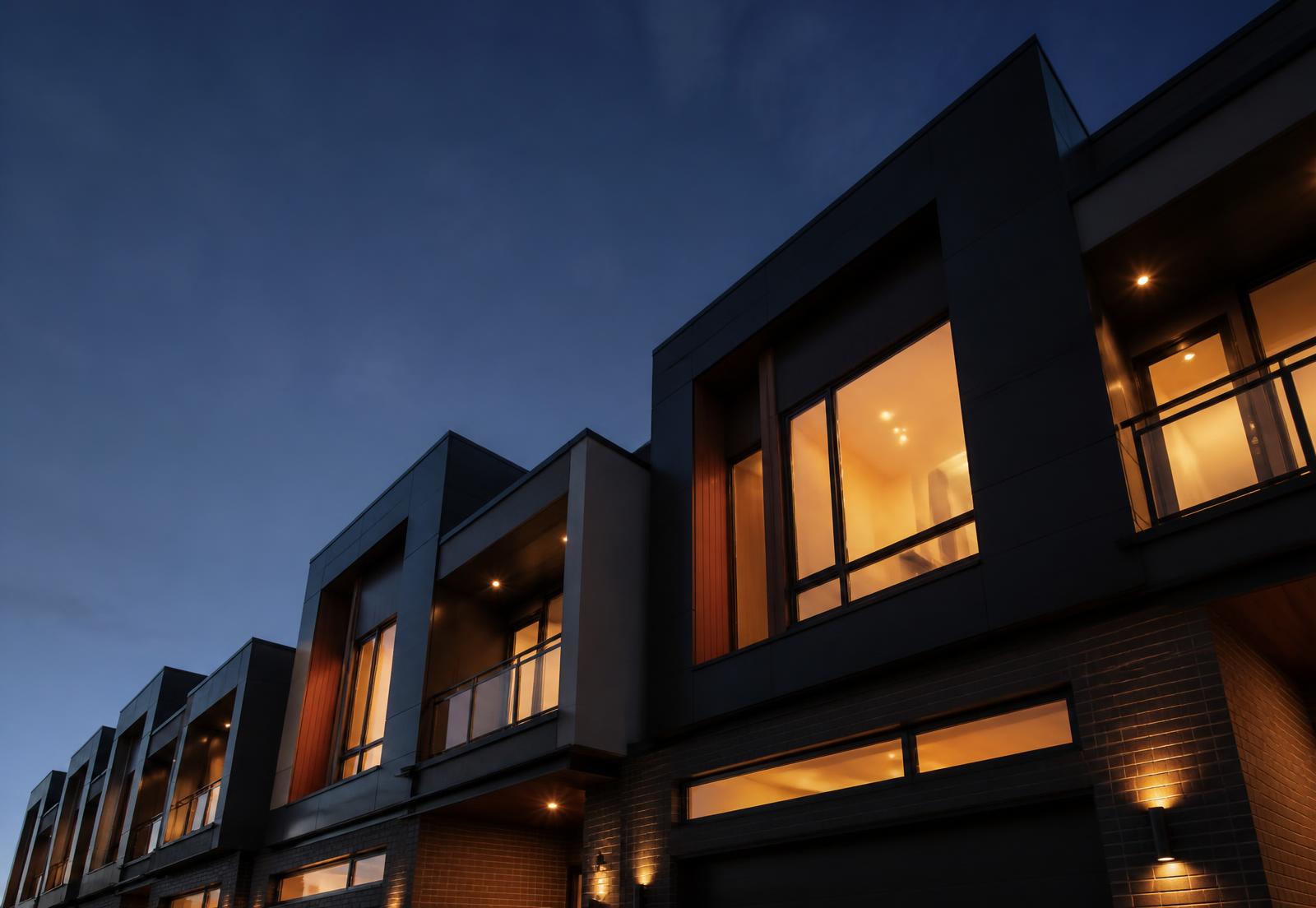 Modern residential townhouse facades at dusk